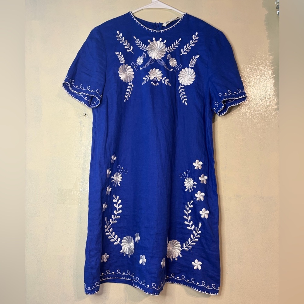 Zara blue womens embroidered shirt dress 100% linen boho festival cottagecore